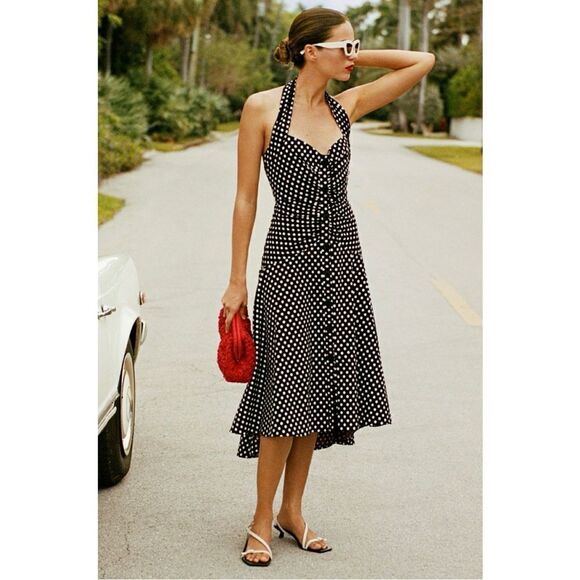 NEW Anthropologie Maeve Black Polka Dot Halter Ruched High Low Dress Plus 22W - Picture 9 of 9